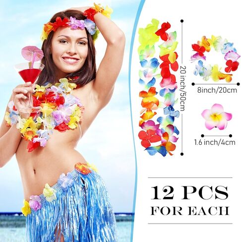 Geosar 48 Pieces Hawaiian Luau Hula Skirts Leis Set Tropical Leis Necklace Wristband Hair Pin Party Supplies for Summer Beach (Bright Style) in Saudi Arabia