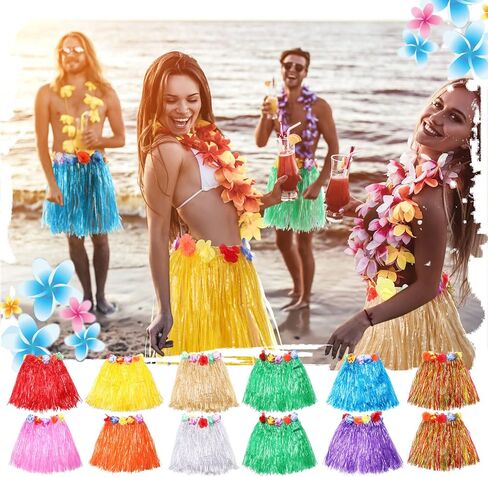 Geosar 48 Pieces Hawaiian Luau Hula Skirts Leis Set Tropical Leis Necklace Wristband Hair Pin Party Supplies for Summer Beach (Bright Style) in Saudi Arabia