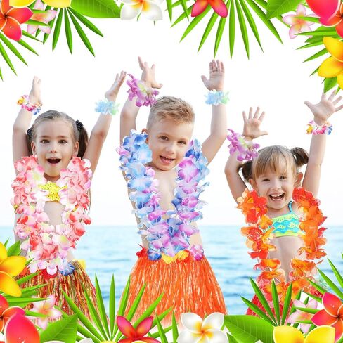 Geosar 48 Pieces Hawaiian Luau Hula Skirts Leis Set Tropical Leis Necklace Wristband Hair Pin Party Supplies for Summer Beach (Bright Style) in Saudi Arabia
