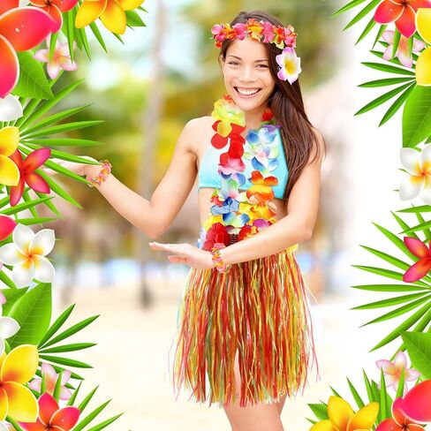 Geosar 48 Pieces Hawaiian Luau Hula Skirts Leis Set Tropical Leis Necklace Wristband Hair Pin Party Supplies for Summer Beach (Bright Style) in Saudi Arabia