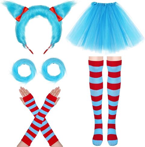baotongle 8pcs Tulle Tutu Costume Set Include Tulle Tutu Skirt Headband Striped Leg Warmmer Arm Warmer Gloves Fur Wrist Cuff or Party Cosplay Halloween in Kuwait