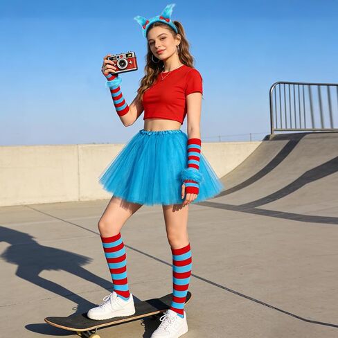 baotongle 8pcs Tulle Tutu Costume Set Include Tulle Tutu Skirt Headband Striped Leg Warmmer Arm Warmer Gloves Fur Wrist Cuff or Party Cosplay Halloween in Kuwait