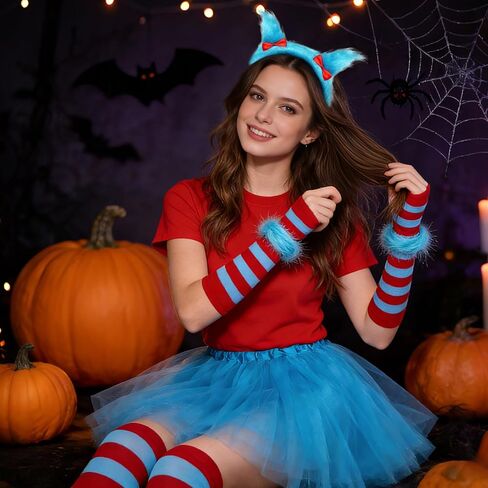 baotongle 8pcs Tulle Tutu Costume Set Include Tulle Tutu Skirt Headband Striped Leg Warmmer Arm Warmer Gloves Fur Wrist Cuff or Party Cosplay Halloween in Kuwait