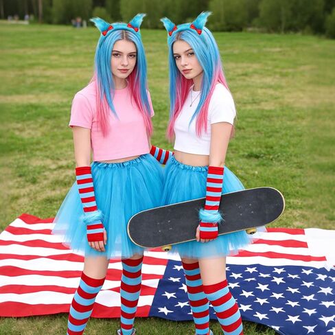 baotongle 8pcs Tulle Tutu Costume Set Include Tulle Tutu Skirt Headband Striped Leg Warmmer Arm Warmer Gloves Fur Wrist Cuff or Party Cosplay Halloween in Kuwait