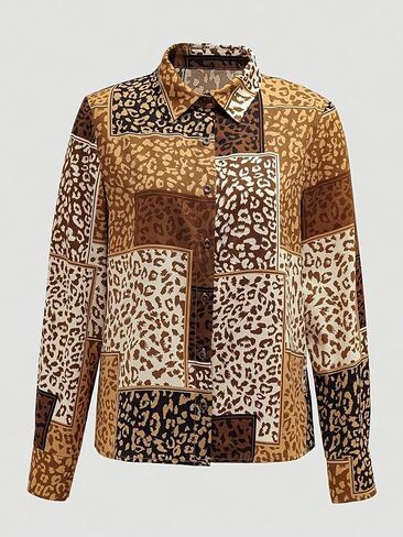 Women's Fashion Leopard Print Button Down Shirts Collar Long Sleeve Blouse Trendy Tunic Top in Saudi Arabia