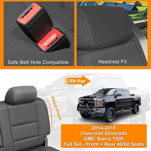 Front & Rear Seat Covers Compatible with 2014-2018 Chevy Silverado/GMC Sierra 1500 Full Set, Rear 40/60 Seats, Neoprene Durability Truck Seat Cover, Charcoal in Saudi Arabia