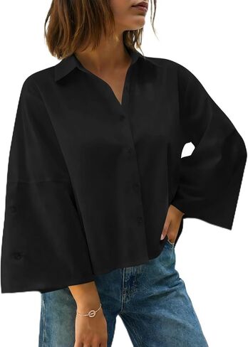 Cicy Bell Womens 3/4 Bell Sleeve Button Down Shirts V Neck Trendy Casual Blouses Loose Fit Work Cotton Tops in Saudi Arabia
