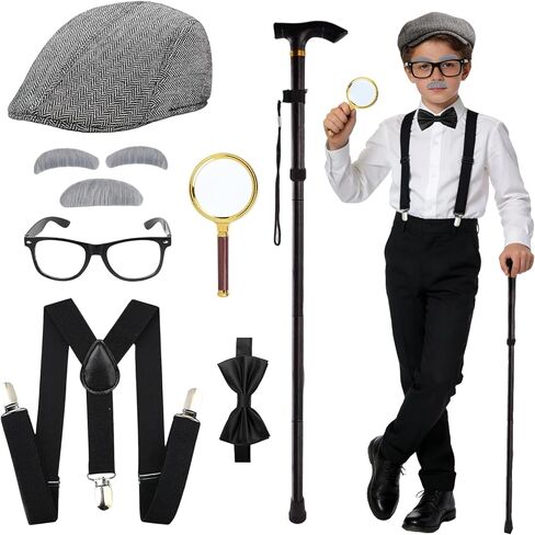 8 Pcs Old Man Costume for Kids 100 Day of School Costume with Hat Glasses Cane Bow Tie Suspenders Magnifying Glass Eyebrows Mustache Grandpa Costume for Boys Accessories for Costume Cosplay in Kuwait
