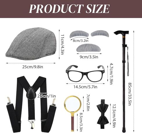 8 Pcs Old Man Costume for Kids 100 Day of School Costume with Hat Glasses Cane Bow Tie Suspenders Magnifying Glass Eyebrows Mustache Grandpa Costume for Boys Accessories for Costume Cosplay in Kuwait
