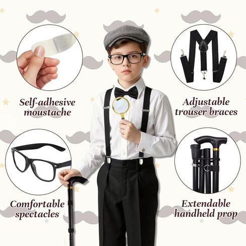 8 Pcs Old Man Costume for Kids 100 Day of School Costume with Hat Glasses Cane Bow Tie Suspenders Magnifying Glass Eyebrows Mustache Grandpa Costume for Boys Accessories for Costume Cosplay in Kuwait