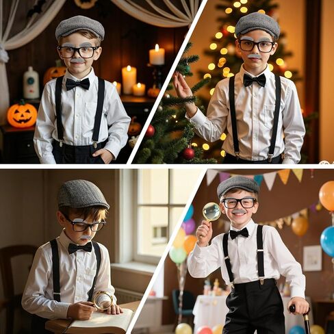 8 Pcs Old Man Costume for Kids 100 Day of School Costume with Hat Glasses Cane Bow Tie Suspenders Magnifying Glass Eyebrows Mustache Grandpa Costume for Boys Accessories for Costume Cosplay in Kuwait