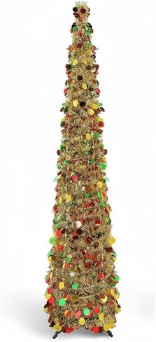 Aoriher 5 ft Pre-lit Pop up Green Christmas Tinsel Tree Decor Reusable Collapsible Artificial Sequins Slim Pencil Tree with Colorful String Lights for Holiday Party Home Indoor Outdoor in Saudi Arabia