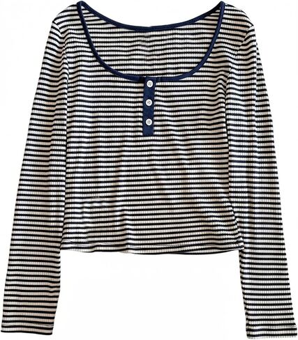 Girl's Striped Ribbed Knit Tops Button Down Long Sleeve T Shirts Fall Outfits Cute Tops in Saudi Arabia