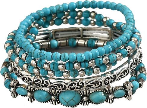 Western Bracelet for Women,Boho Turquoise Beaded Stackable Elastic Bracelets Set,Vintage Concert Country Cowboy Jewelry Accessories in Saudi Arabia