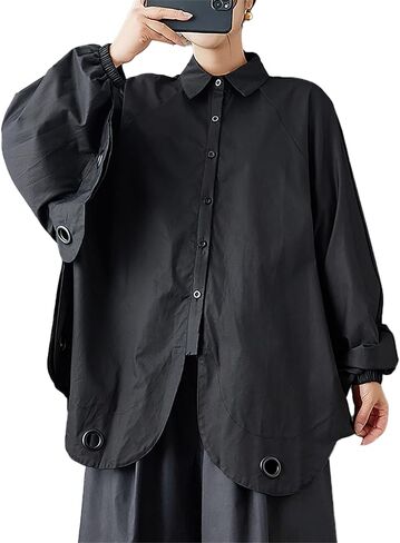 ellazhu Women's Shirt Coat Lapel Button Down Long Lantern Sleeve Solid Irregular Hem Plus Size GZ700 A in Saudi Arabia