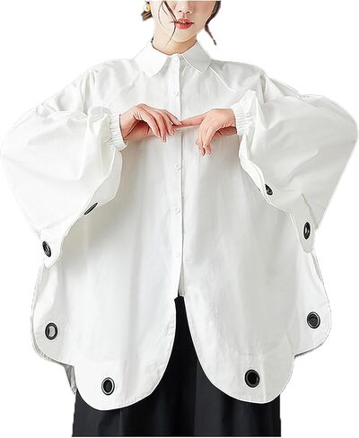 ellazhu Women's Shirt Coat Lapel Button Down Long Lantern Sleeve Solid Irregular Hem Plus Size GZ700 A in Saudi Arabia