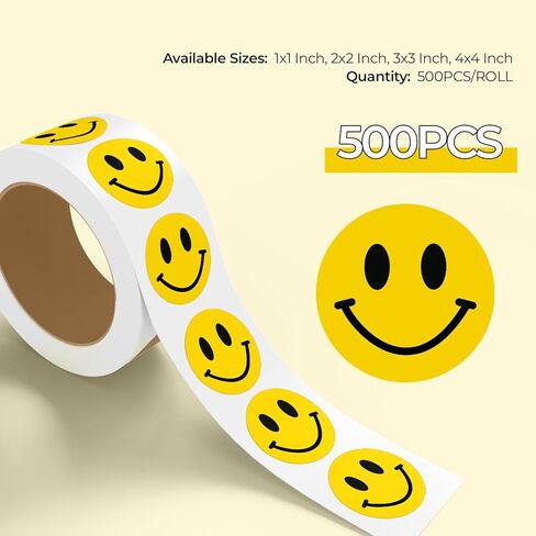 Stickerjet Happy Face Smile Stickers, 3"X3", Roll of 500 Self-Adhesive Labels Perfect for Crafts, Labeling, Decorations, and Parties. Bright, Fun, and Easy to Use in Kuwait