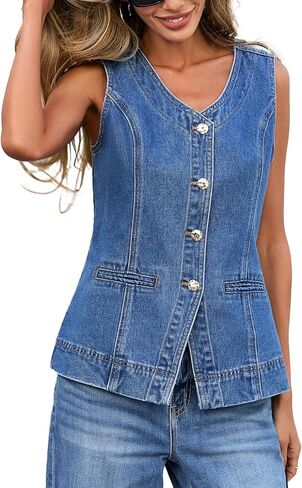 D-Sun Womens Denim Vest Sleeveless Button Down Jean Waistcoat Suit V-Neck Casual Summer Outerwear for Daily/Party/Work in Saudi Arabia