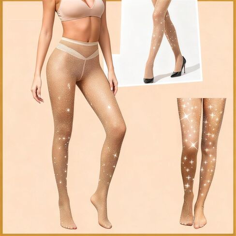 DITSONEO Sexy Sparkly Fishnets Stockings Jeweled High Waist Fishnet Tights for Women Rhinestone Party Pantyhose in Kuwait