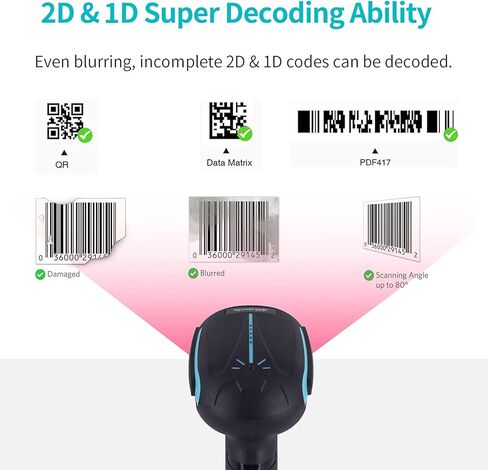 Alacrity 2D 1D QR ماسح الباركود الصناعي مع حامل، 2.4 جيجا هرتز بلوتوث لاسلكي 2 في 1، قارئ باركود حر اليدين مقاوم للصدمات والغبار، أزرق in Saudi Arabia