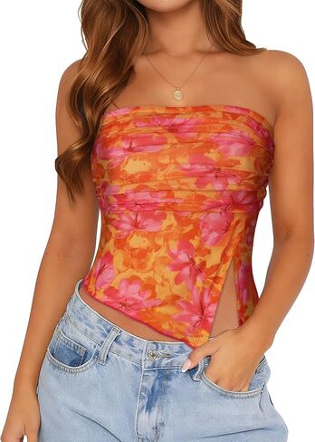 Tube Top Strapless Mesh Floral Crop Tops Asymmetrical Hem Ruched Bandeau Going Out Summer Sleeveless Shirts in Saudi Arabia