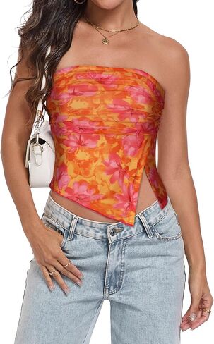 Tube Top Strapless Mesh Floral Crop Tops Asymmetrical Hem Ruched Bandeau Going Out Summer Sleeveless Shirts in Saudi Arabia