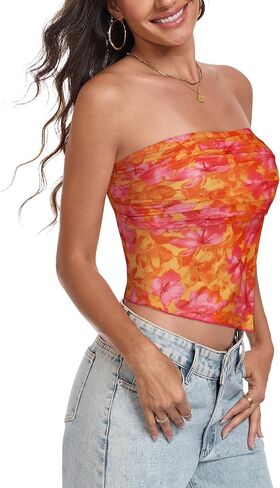 Tube Top Strapless Mesh Floral Crop Tops Asymmetrical Hem Ruched Bandeau Going Out Summer Sleeveless Shirts in Saudi Arabia