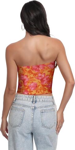 Tube Top Strapless Mesh Floral Crop Tops Asymmetrical Hem Ruched Bandeau Going Out Summer Sleeveless Shirts in Saudi Arabia