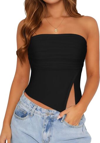 Tube Top Strapless Mesh Floral Crop Tops Asymmetrical Hem Ruched Bandeau Going Out Summer Sleeveless Shirts in Saudi Arabia