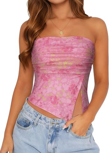 Tube Top Strapless Mesh Floral Crop Tops Asymmetrical Hem Ruched Bandeau Going Out Summer Sleeveless Shirts in Saudi Arabia