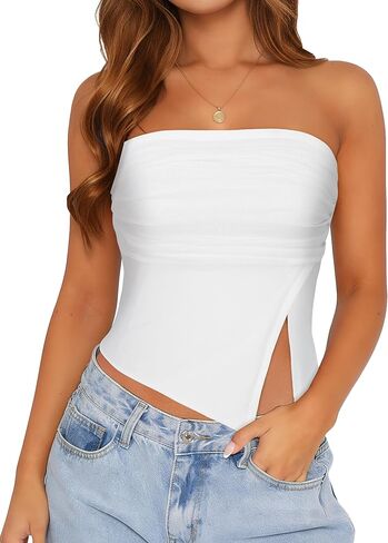 Tube Top Strapless Mesh Floral Crop Tops Asymmetrical Hem Ruched Bandeau Going Out Summer Sleeveless Shirts in Saudi Arabia