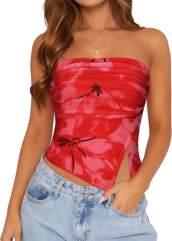 Tube Top Strapless Mesh Floral Crop Tops Asymmetrical Hem Ruched Bandeau Going Out Summer Sleeveless Shirts in Saudi Arabia