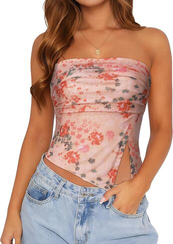 Tube Top Strapless Mesh Floral Crop Tops Asymmetrical Hem Ruched Bandeau Going Out Summer Sleeveless Shirts in Saudi Arabia