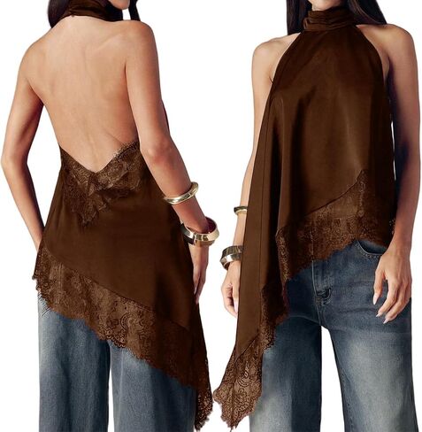 Women Sexy Open Back Mock Neck Lace Trim Satin Tank Top Y2k Solid Sleeveless Lace Asymmetrical Hem Silk Halter Top in Saudi Arabia