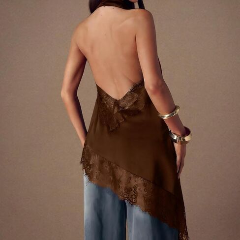 Women Sexy Open Back Mock Neck Lace Trim Satin Tank Top Y2k Solid Sleeveless Lace Asymmetrical Hem Silk Halter Top in Saudi Arabia
