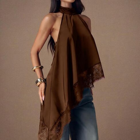 Women Sexy Open Back Mock Neck Lace Trim Satin Tank Top Y2k Solid Sleeveless Lace Asymmetrical Hem Silk Halter Top in Saudi Arabia