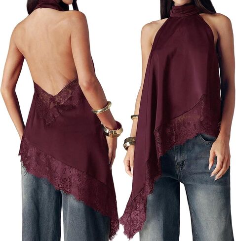 Women Sexy Open Back Mock Neck Lace Trim Satin Tank Top Y2k Solid Sleeveless Lace Asymmetrical Hem Silk Halter Top in Saudi Arabia