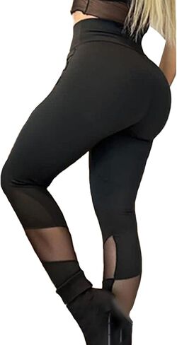 xxxiticat Women's Black Legging Pants High Waist Buckle Hollow Out Cutout Slim Patchwork Sheer Mesh Bodycon Skinny Trousers in Saudi Arabia