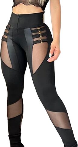 xxxiticat Women's Black Legging Pants High Waist Buckle Hollow Out Cutout Slim Patchwork Sheer Mesh Bodycon Skinny Trousers in Saudi Arabia