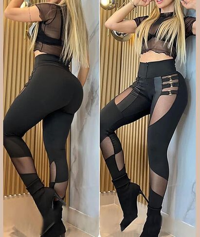 xxxiticat Women's Black Legging Pants High Waist Buckle Hollow Out Cutout Slim Patchwork Sheer Mesh Bodycon Skinny Trousers in Saudi Arabia