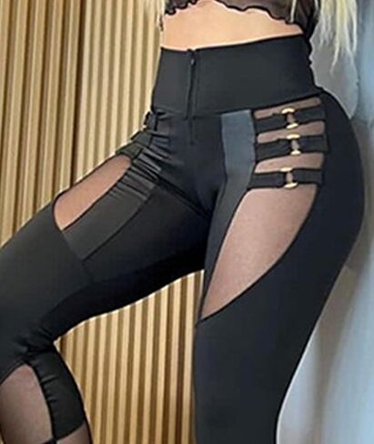xxxiticat Women's Black Legging Pants High Waist Buckle Hollow Out Cutout Slim Patchwork Sheer Mesh Bodycon Skinny Trousers in Saudi Arabia