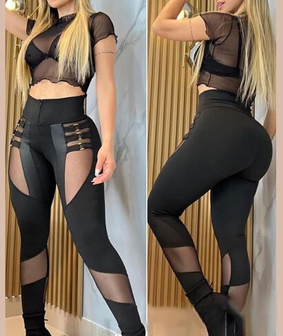 xxxiticat Women's Black Legging Pants High Waist Buckle Hollow Out Cutout Slim Patchwork Sheer Mesh Bodycon Skinny Trousers in Saudi Arabia