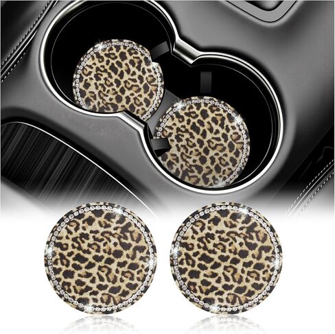 2PCS Bling Leopard Print Car Coasters for Cup Holders,Sparkling Rhinestone Car Cup Holder Coasters for Reducing Noise & Scratching,Anti-Slip 2.76" Cars Cupholder Coaster (Black) in Kuwait