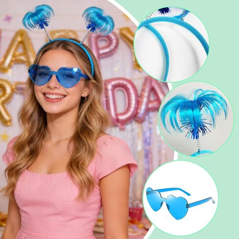عبوة من 4 قطع من عصابة الرأس الزرقاء على شكل ذيل حصان ونظارات شمسية على شكل قلب وريش للرأس من أجل الأزياء التنكرية والمهرجانات المدرسية in Kuwait