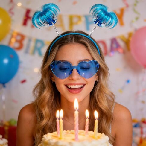 عبوة من 4 قطع من عصابة الرأس الزرقاء على شكل ذيل حصان ونظارات شمسية على شكل قلب وريش للرأس من أجل الأزياء التنكرية والمهرجانات المدرسية in Kuwait