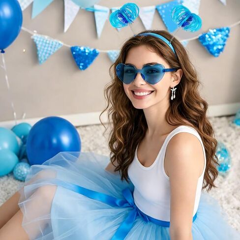 عبوة من 4 قطع من عصابة الرأس الزرقاء على شكل ذيل حصان ونظارات شمسية على شكل قلب وريش للرأس من أجل الأزياء التنكرية والمهرجانات المدرسية in Kuwait