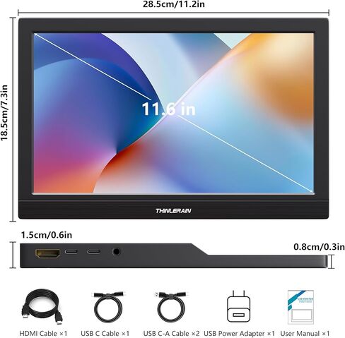شاشة Thinlerain المحمولة مقاس 15.6 بوصة، شاشة كمبيوتر صغيرة 1920 × 1080، شاشة HDMI USB-C، شاشة خارجية ثانية للكمبيوتر والهاتف، مكبرات صوت مدمجة وحامل in Kuwait
