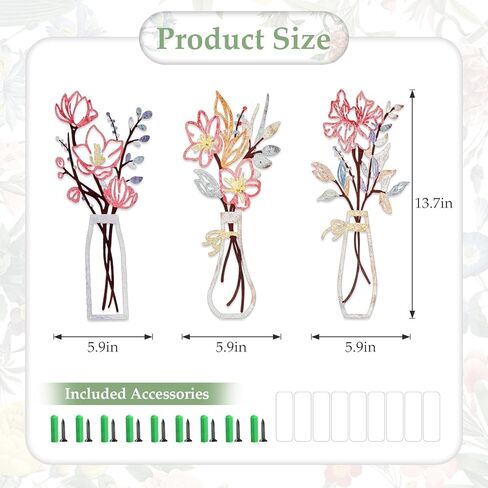 EEEKit 3 PCS Metal Flower Vase Wall Art, 5.9x13.7 Inch Minimalist Floral Wall Hanging Decor, Floral Wall Decor for Housewarming Gifts in Saudi Arabia