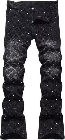 FCOOLYEET Mens Slim Fit Stacked Rhinestone Jeans Destroyed Straight Denim Pants Black Ripped Jeans for Men in Kuwait
