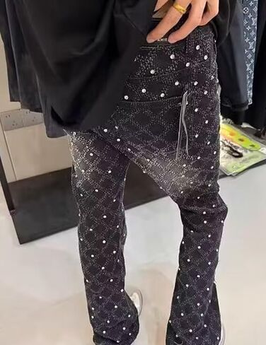 FCOOLYEET Mens Slim Fit Stacked Rhinestone Jeans Destroyed Straight Denim Pants Black Ripped Jeans for Men in Kuwait
